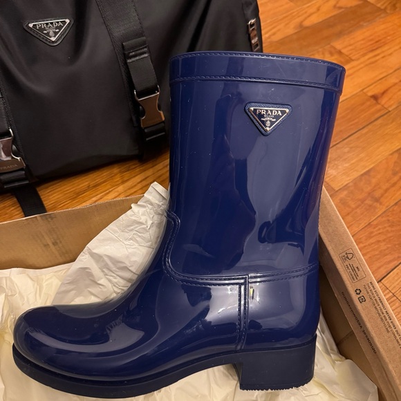 Prada Shoes - Prada Glossy Navy Patent Mid-Calf Rain Boot